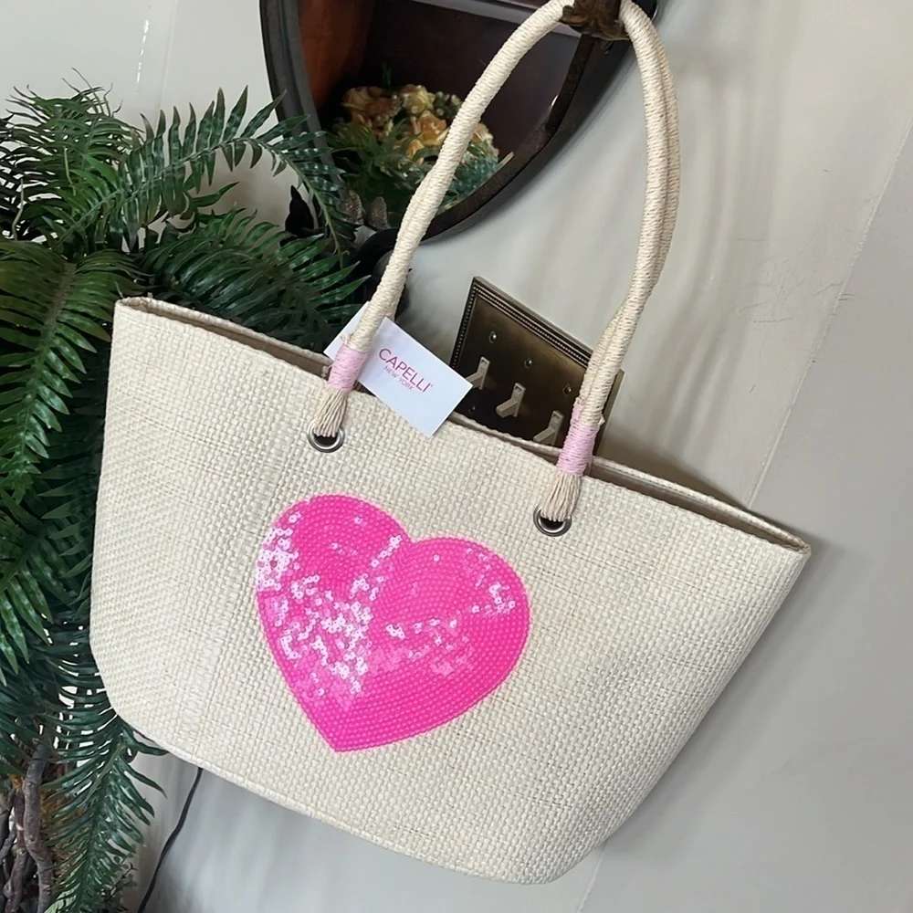 Brand New Capelli Straw Shoulder Bag Sequined Pink Heart Tote Snap Close Natural